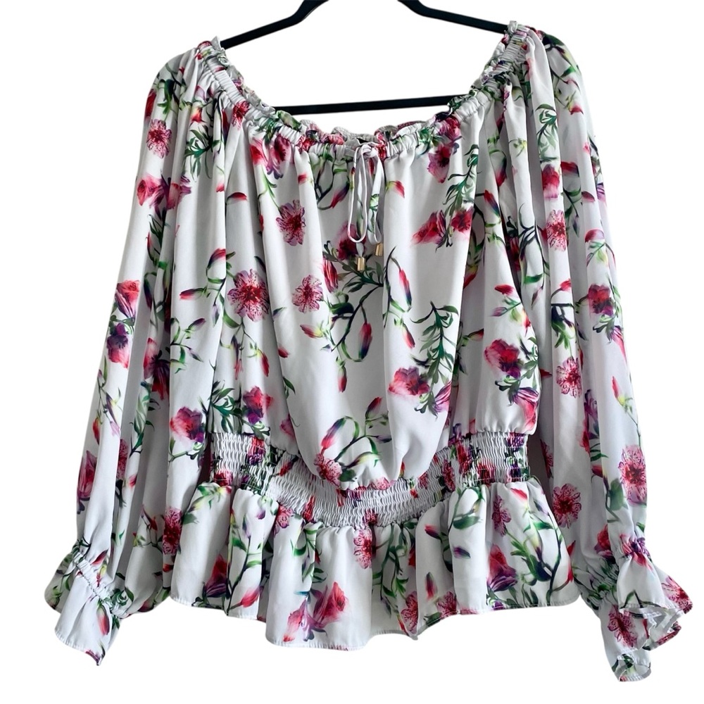 INC Off Shoulder Floral Smocked Blouse Boho Cottagecore Top L